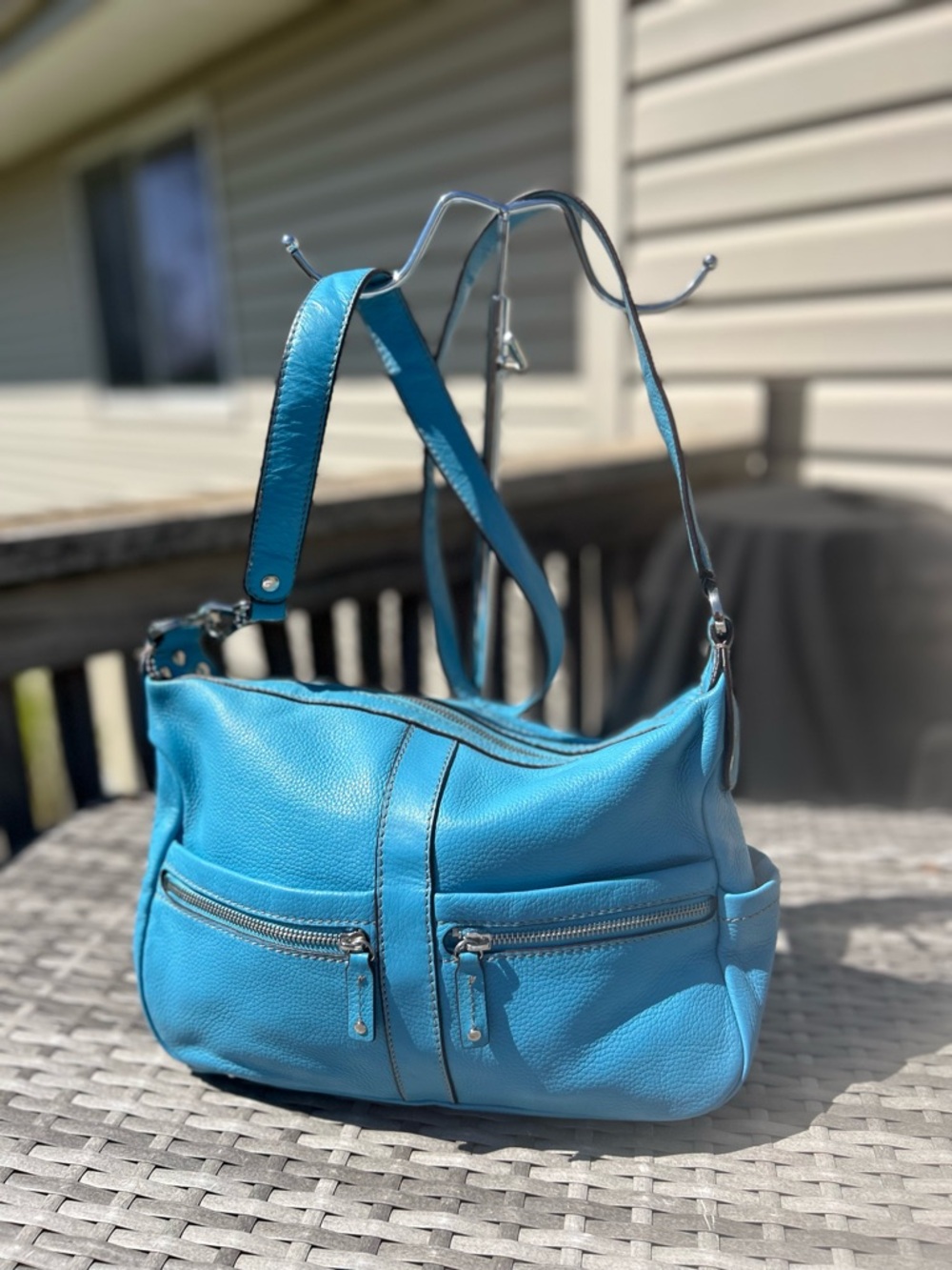 Tiganello Turquoise Pebbled Leather Shoulder Bag Multi Pockets EUC!